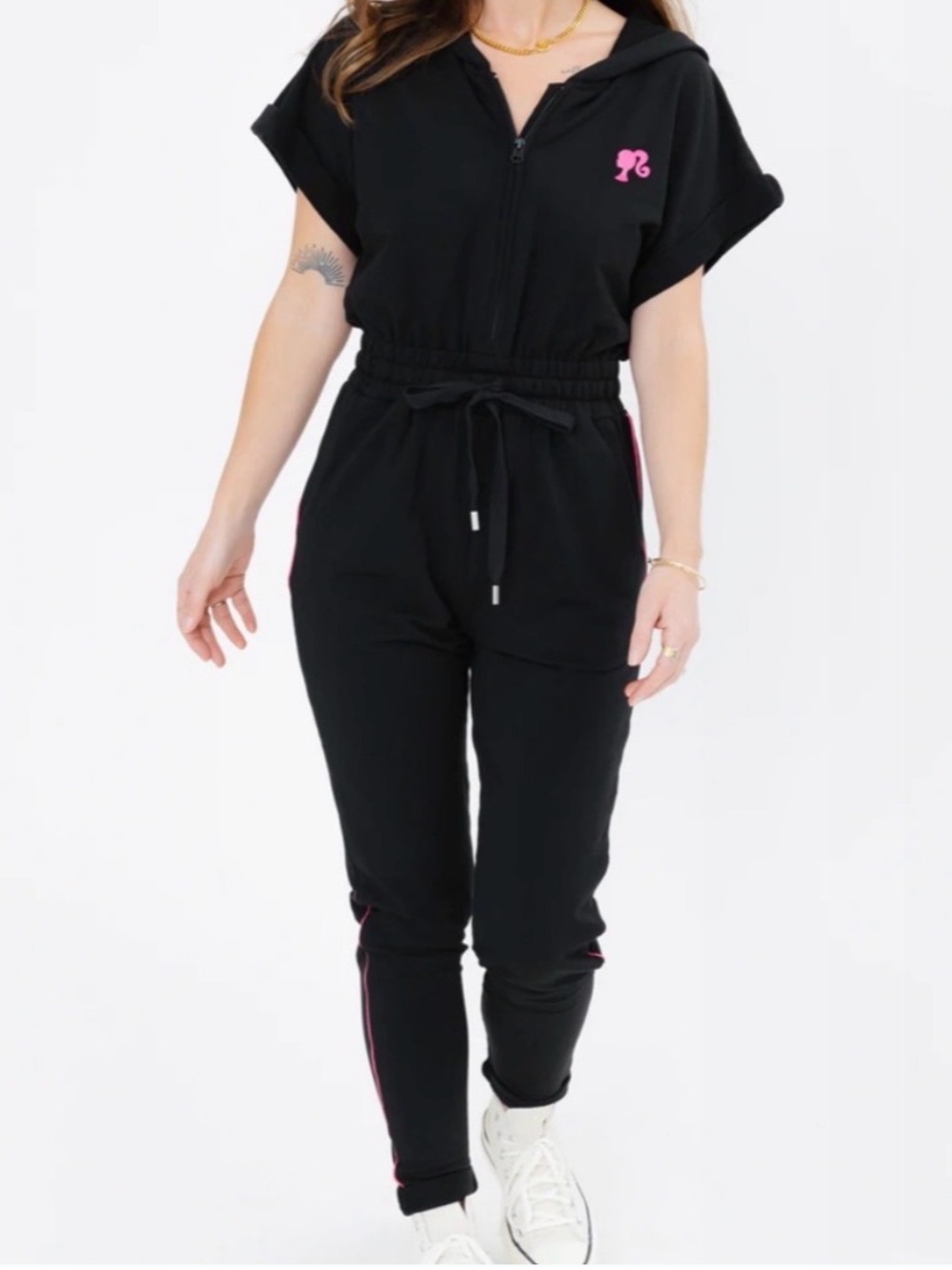 Barbie X Smash & Tess Black Hooded Jumpsuit with Pink Accented Barbie